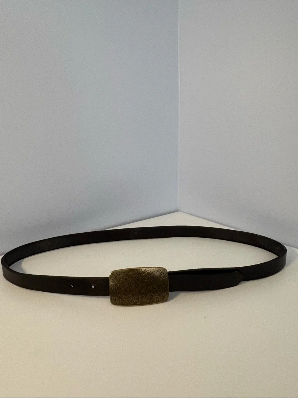 Anthropologie Dark Brown Leather Belt with Decorative Gold Buckle